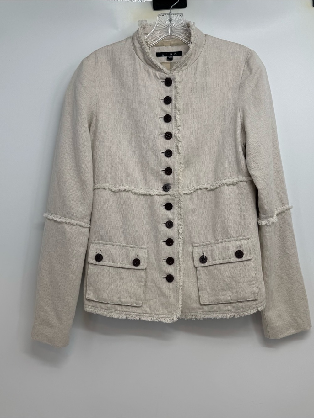 Cino Blazer Womens size M Beige Linen Blend  Button Down Long Sleeve Herringbone